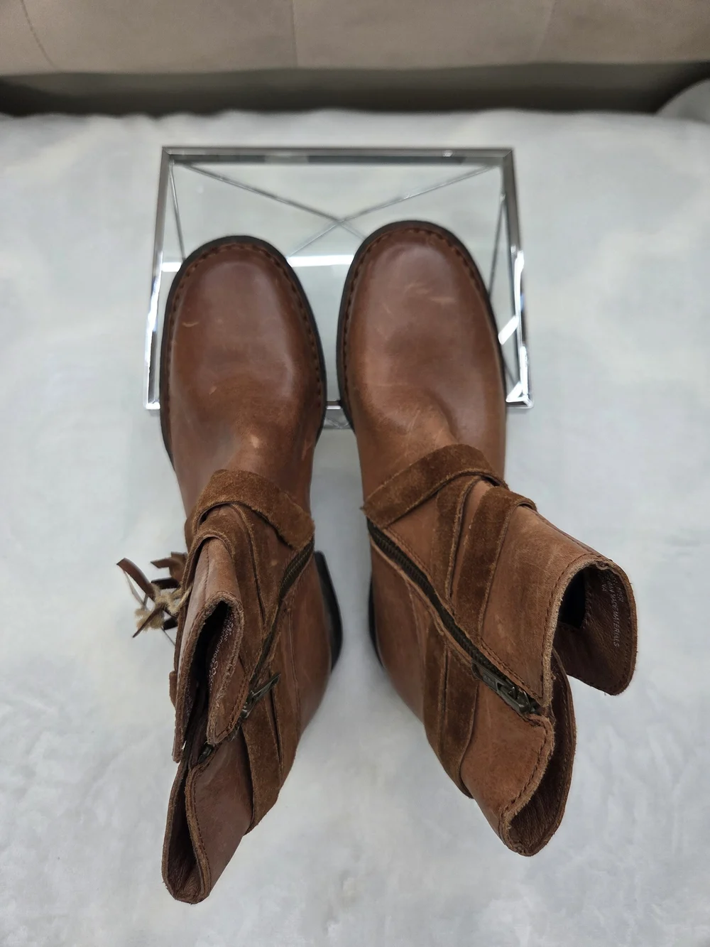 Born Leather Fringe Wrap Ankle Boots Brown‎ Side Zip Booties Women's Size 6.5M